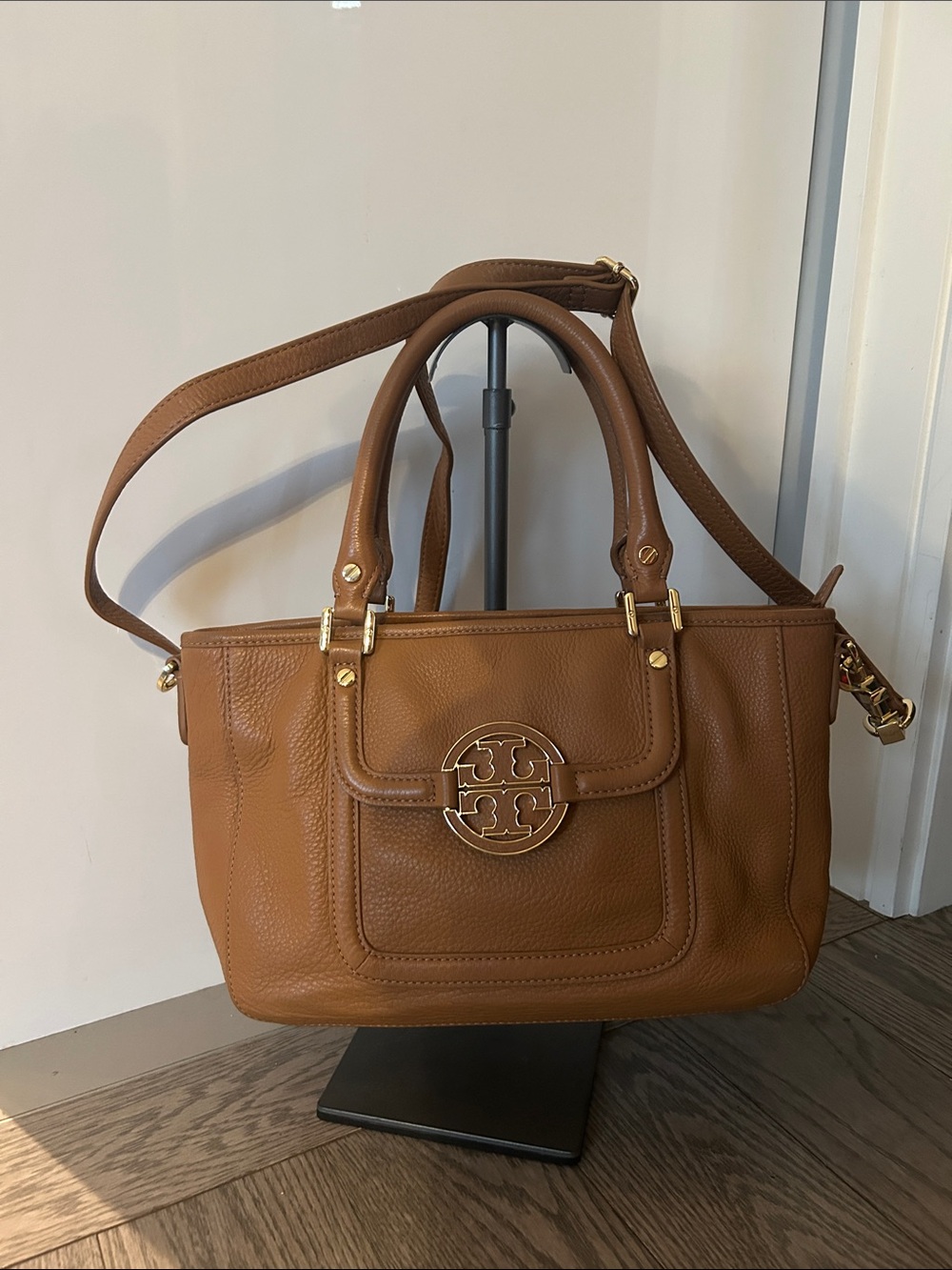 Tory Burch Cognac Leather Satchel with Gold Logo Hardware